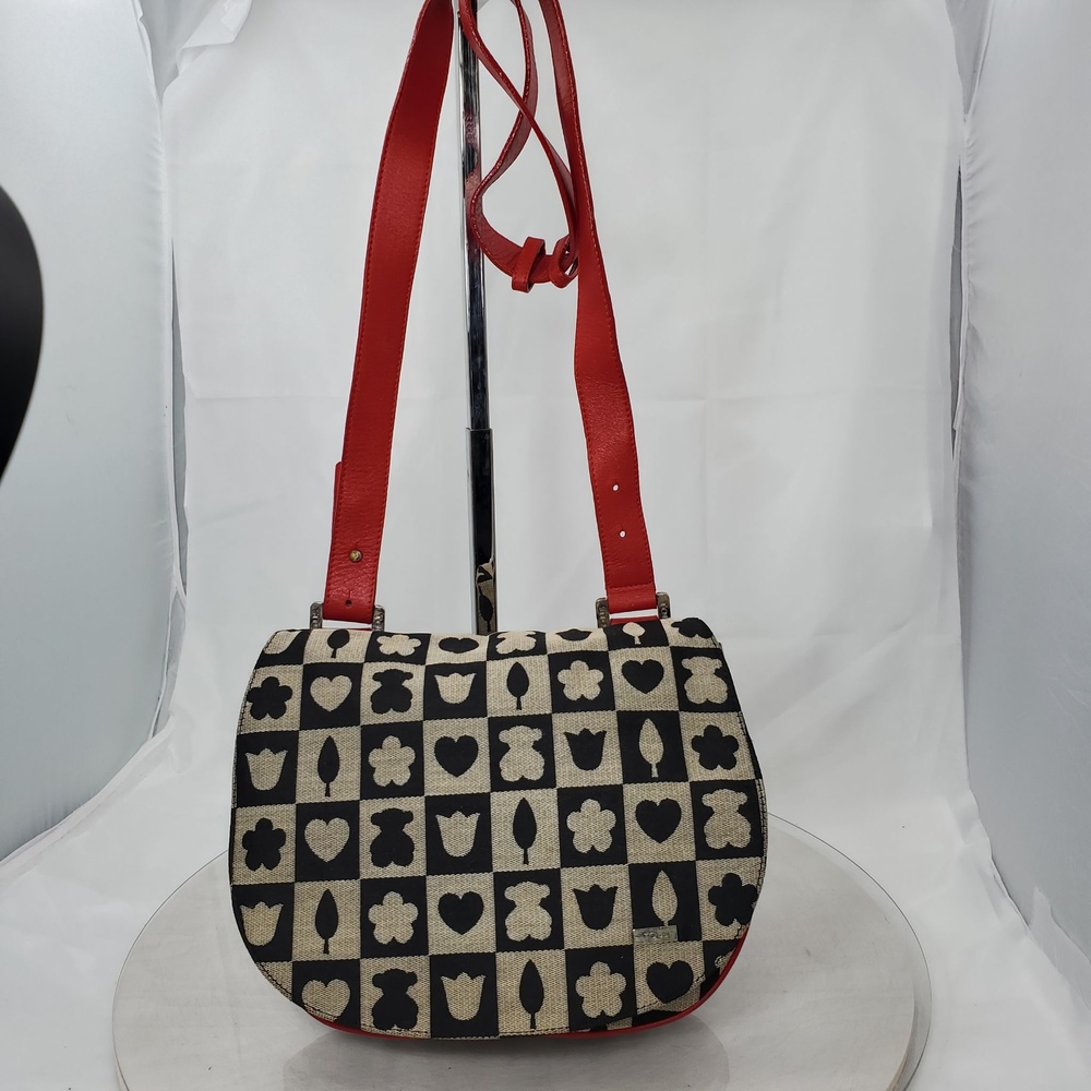 Vintage Y2K Tous Canvas Leather Crossbody Bag Black Checkered Hearts Bear Red